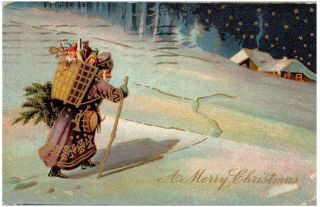 Postcard - A Merry Christmas,  Santa Claus,  With Toys Walking - Embossed C1915