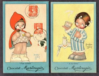 2 Old Advertising Postcards Belgium Chocolate Signed Artist Beatrice Mallet
