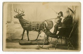 Early Divided Back Rppc Santa In Sleigh With Little Girl Christmas Postcard