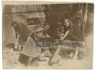 1930s Soviet Kolkhoz Three Women Sawing Wood Cowshed Soviet Ussr Vintage Photo