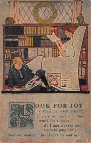 Arts & Crafts Design,  Woman & Child Each Reading A Book In Library C 1907 - 20