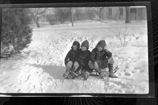 Vintage Old 1915 Photo Negative Of Children Boys On Snow Sled Winter In Iowa