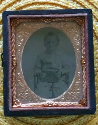 Antique Tin - Type Photograph Of Young Boy In Decorative Case (circa 1800 