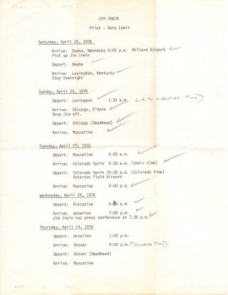 James Irwin Book Tour Flight Schedule Apollo 15 Moonwalker Nasa Very Rare