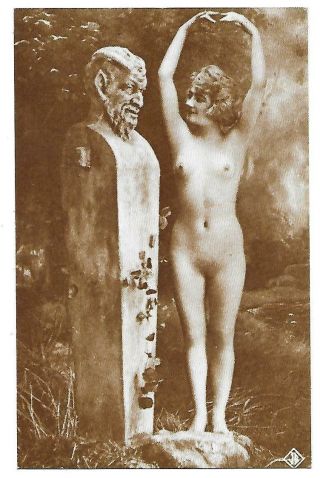Photogravure Nude Woman Nudist With Devil Statue 1910s French Postcard