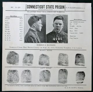 Connecticut State Prison Parole Violator Harold Hawkins 1925 Wanted Posting