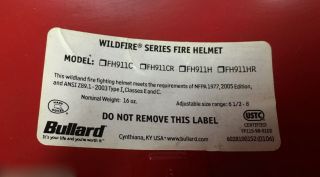 Bullard Wildland Firefighter Helmet Wildfire Series 911C Red Helmet ONLY 6