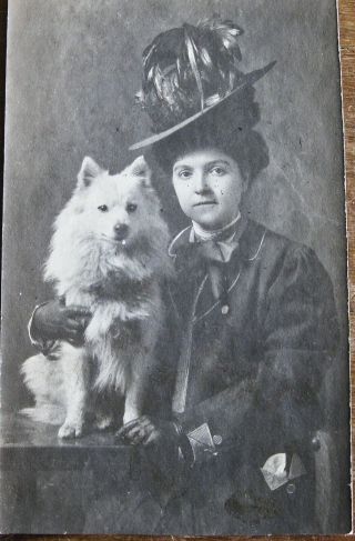 Vintage Photo,  Young Woman With Her Dog,  Big Feathered Hat,  Fashion,  1800s.