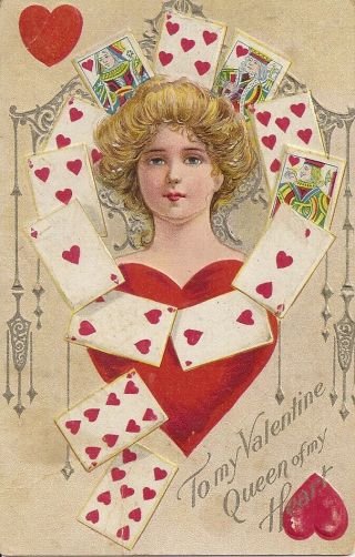 Antique 1912 Valentine Postcard Diecut Queen Of My Heart Playing Cards