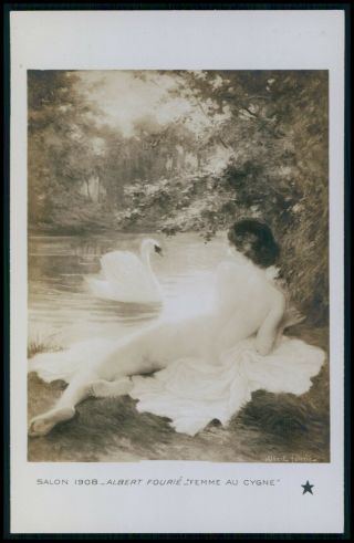 Art Albert Fourie Nude Woman With Swan Bird Old 1910s Salon De Paris Postcard