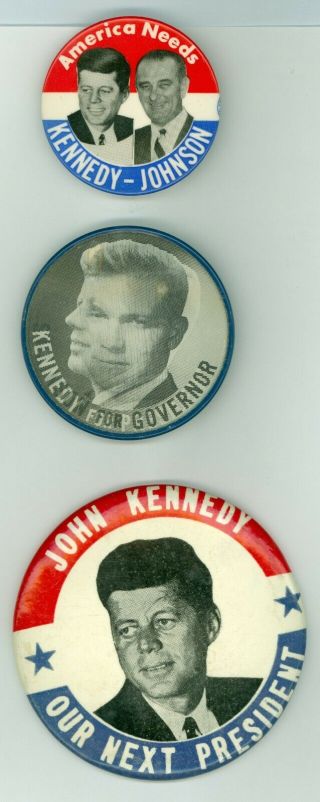 3 Vintage 1960 President John F.  Kennedy Campaign Pinback Button Flicker Flasher