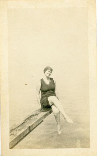 Vintage B/w Photo - Young Women In Her Bathing Suit Sitting On A Diving Board