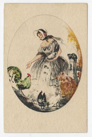 Artist Unsigned Like Hardy Boudoir Art Deco Woman Feeds Chickens Postcard Vtg