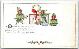 Christmas " Holly Sprites " And Fireplace Artist Signed M.  Dulk 1915 Postcard