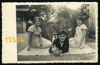 Vintage Photograph,  Teen Girls And Boy W Cat,  1930’s Hungary