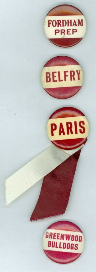 4 Vintage 1940s - 50s Fordham Belfry Paris Greenwood High Football Pinback Buttons