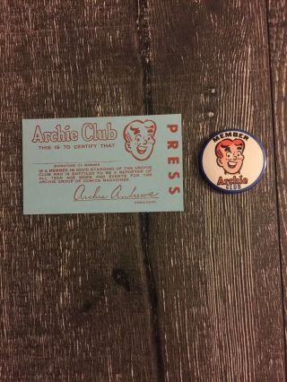 Vintage Archie Club Member Metal Pinback Button & Membership Card Comics