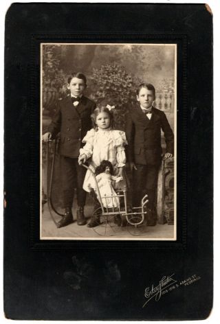 Photo On Hard Mount,  Two Brothers,  Sister With Fancy Doll In Doll Buggy,  Il