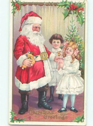 Pre - Linen Christmas Santa Claus Gives Doll To Happy Girl Ab4929