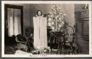 Vintage Photograph 1933 Girl Christmas Tree Lite Ornaments Santa Claus Old Photo