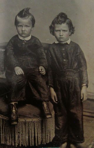 Antique Cw Era Tintype Photo Darling Little Boys Great Hairdos Wearing Uniforms