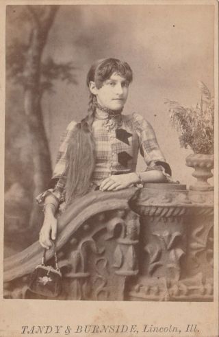 Cabinet Card Young Lady Plaid Dress Long Hair Purse Lincoln Illinois