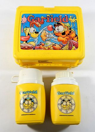 Vintage Thermos Garfield Yellow Lunchbox With (2) Thermos