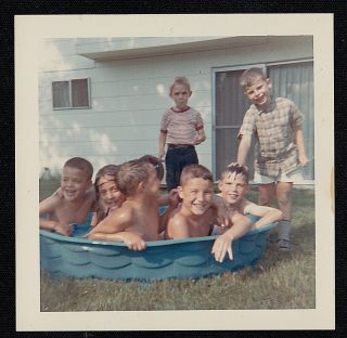Vintage Photograph Adorable Boys And Girls Swimming In Pool In Yard
