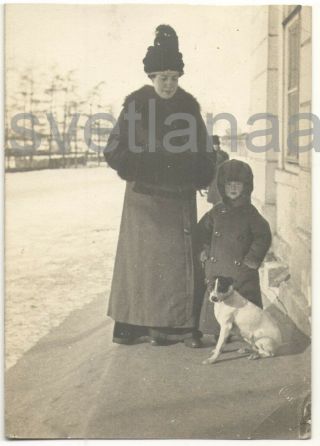 1900s Russia Winter Walk Mother Child Little Boy Dog Fur Hat Coat Vintage Photo