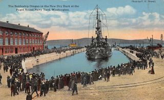 Puget Sound Navy Yard Washington Crowd Surrounds Battleship Oregon Dry Dock 1913