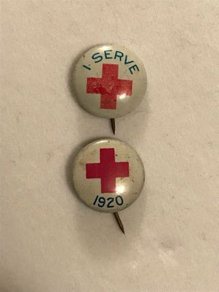 2 Vintage Red Cross Pinback Pins I Serve 1920 Tiny Jl Lynch Geraghty & Co