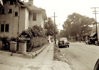 1930s Era Photo Negative Car Macmillan Oil Service Station Sign Street Scene