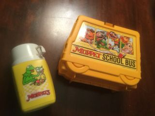 Vintage 80s The Muppets School Bus Lunch Box And Thermas Kermit The Frog Plastic