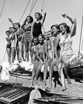 1934 Vintage Photo Girls In Bathing Suits On Sail Boat Print Swimsuits