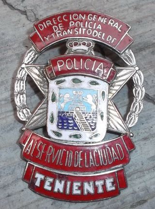 Antique Obsolete Enamel Mexican Police Badge (teniente)