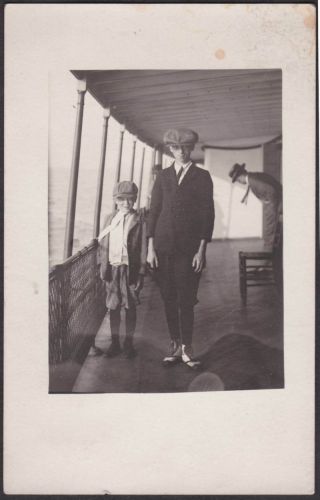 Lanky Kid With His Brother On Ship Old/vintage Photo - Postcard - Pc9