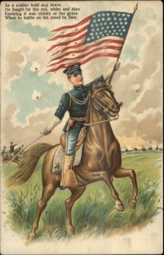 Us Army Soldier Pre - Wwi Horse Sword & American Flag C1910 Postcard