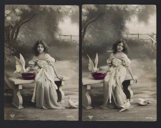 2 X Old Real Photo Postcard Bnk.  Edwardian Child Girl W/doves Set Of 2