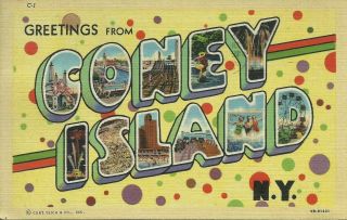 Greetings From Coney Island York Large Letter Linen Postcard Curt Teich