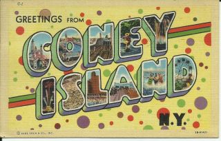 Greetings From Coney Island York Large Letter Linen Postcard Curt Teich 2