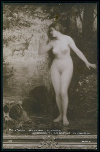Art Jan Styka Nude Woman Deer Nudist Surprise Old 1910s Salon De Paris Postcard