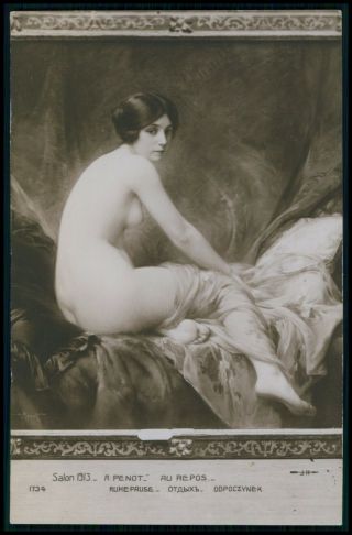 Art Albert Penot Nude Woman Wresting Model 1910 Salon De Paris Postcard