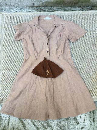 Vintage Girl Scout Brownie Official Uniform Dress And Beanie
