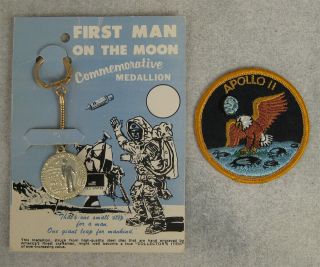 Vintage Apollo 11 Commemorative Moon Landing Medallion And Eagle Patch Nasa 1969