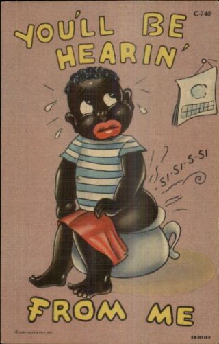 Black Americana Boy On Chamber Pot Curt Teich Comic Linen Postcard