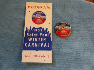 1953 St Paul Winter Carnival Pinback Button & Program " Hi Neighbor "