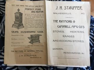1893 J.  H.  Stauffer Walkersville,  Md Frederick County Maryland Stoves Heaters