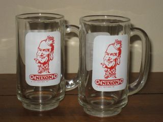 Two Vintage 1972 Politicards President Richard Nixon Glass Mugs Shakey 