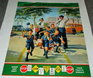 1960 Art Frahm Illustrated Cub Scouts Paper Poster Kinston Police Safety