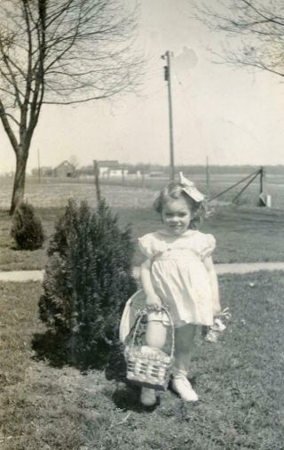 Ph153 Vtg Photo Little Girl W/ Easter Basket Treats,  Dress & Bow C Mid Century
